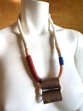 Boho Artsy White Rope & Colorful Thread Fiber Art Copper Tube Necklace